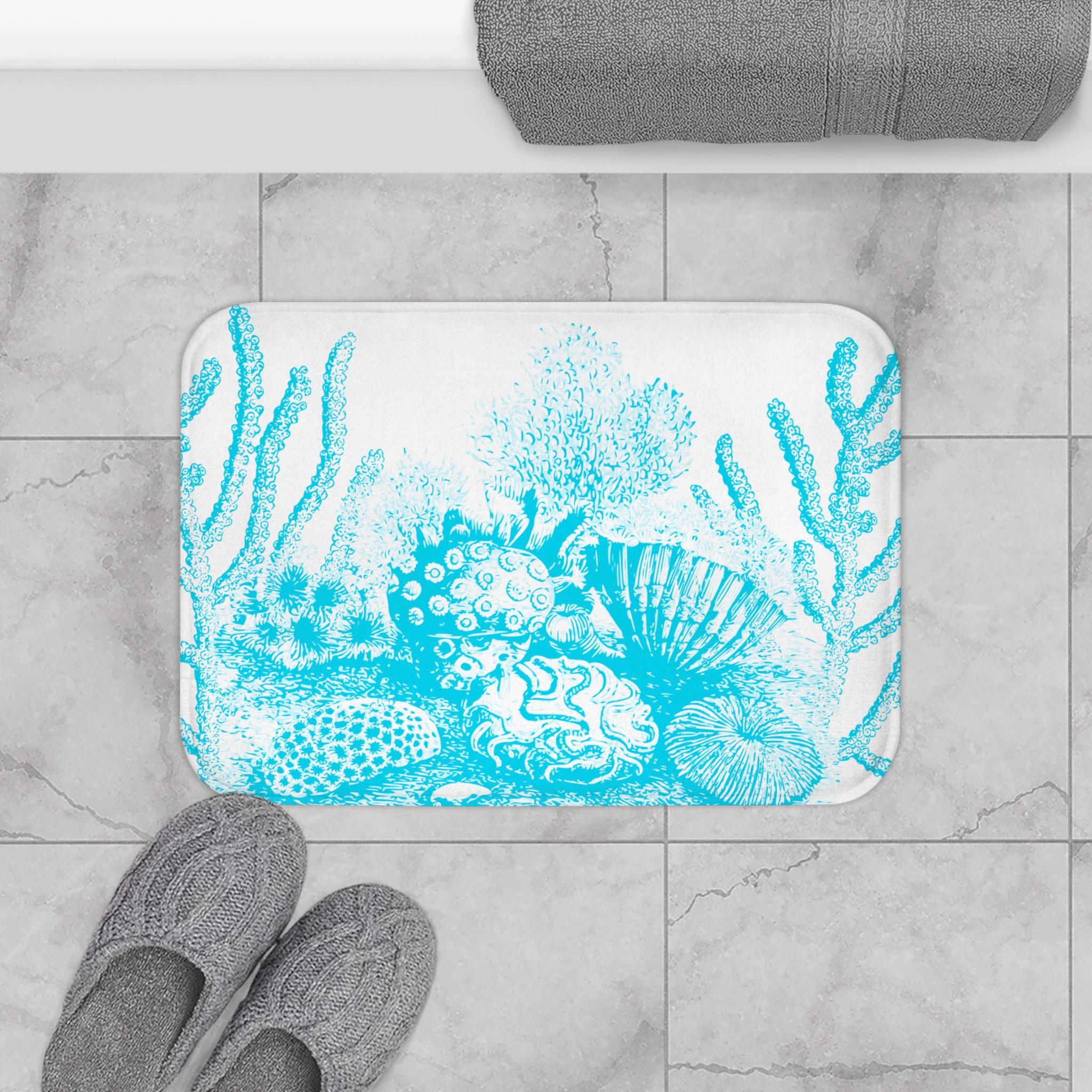 Turquoise Coral Reef Bath Mat | Seashell Ocean Floor Beach Rug, Coastal Beach Bathroom Rug, Seaside Bathroom Deco, Beach Housewarming Gift