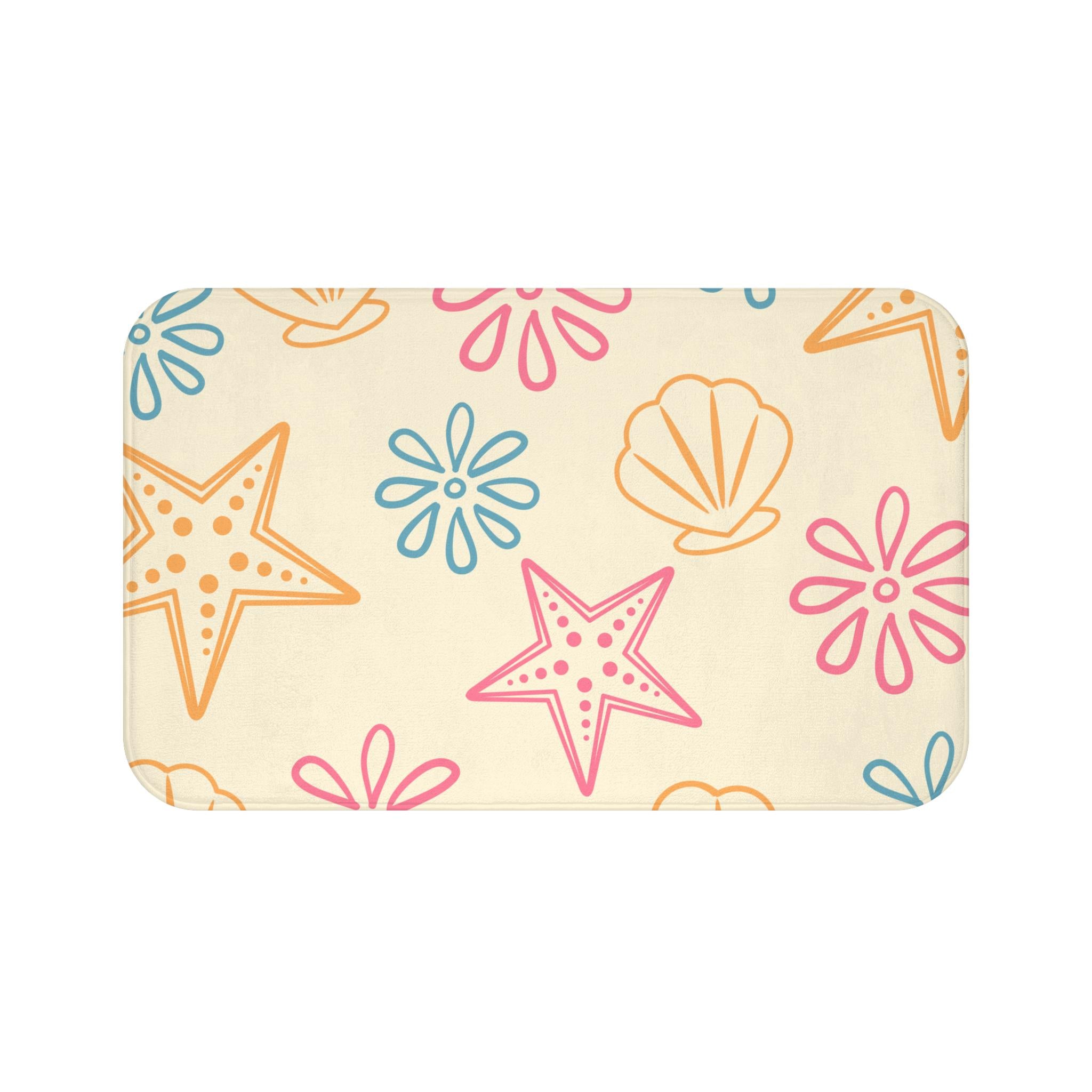 Pastel Seashell Starfish Pattern Bath Mat  Beach Bathroom Decor, Coastal Inspired Beach Bathroom Rug, Housewarming Gift, Seaside Bathroommat