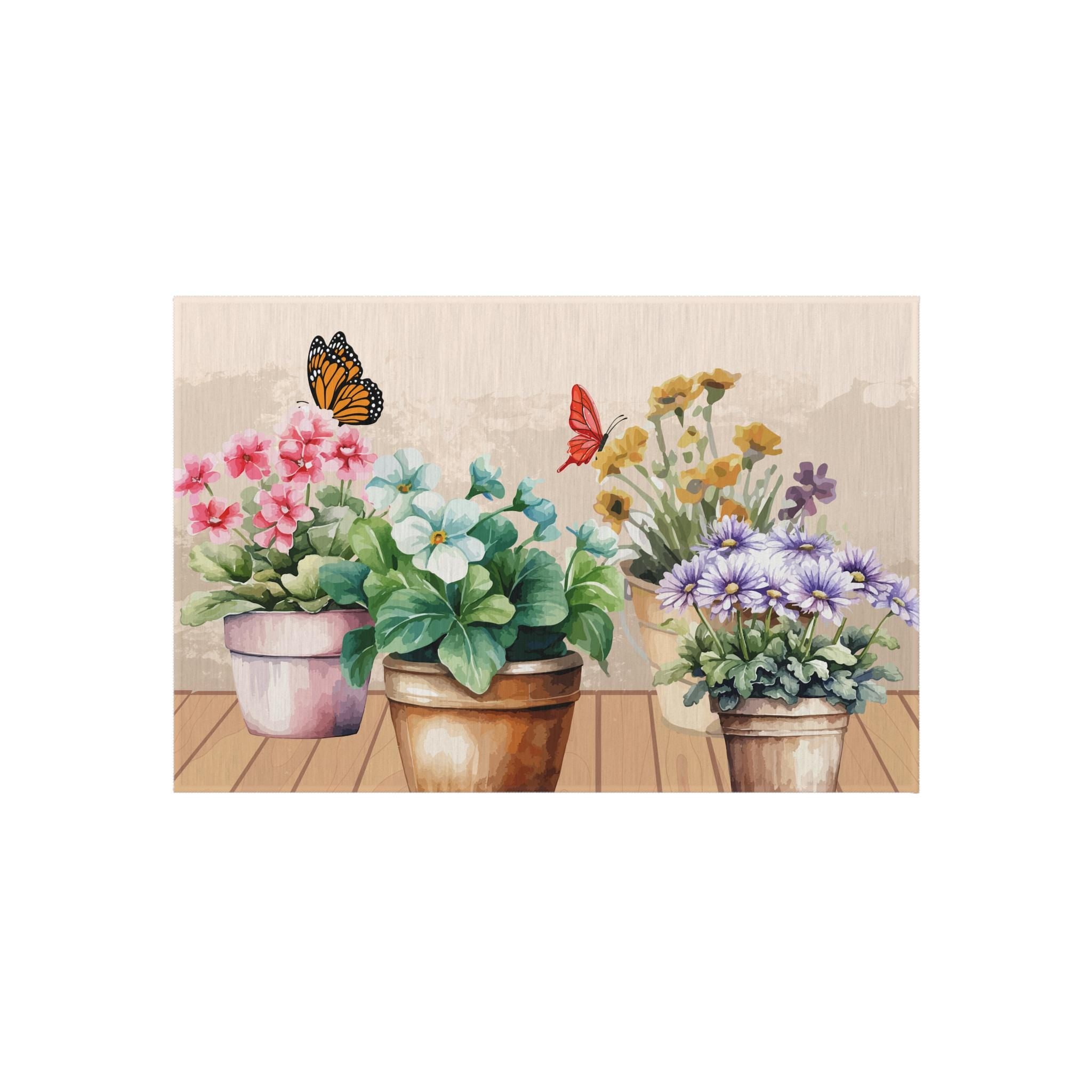 Potted Flowers Butterflies Outdoor Rug | Floral Patio Mat, Cottage Charm Home