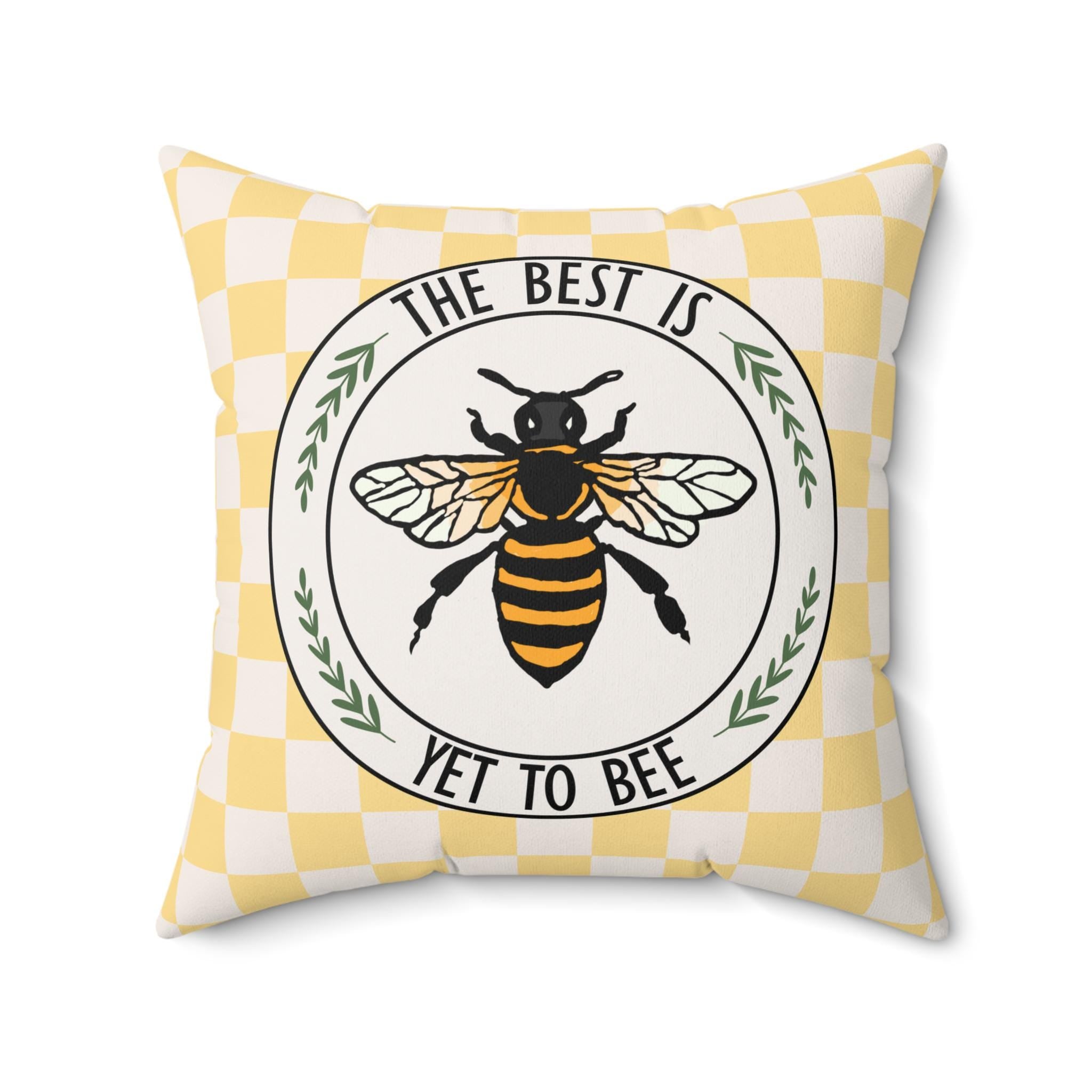 Bee Checkerboard Square Pillow, Cottage-Core Bumblebee Illustration
