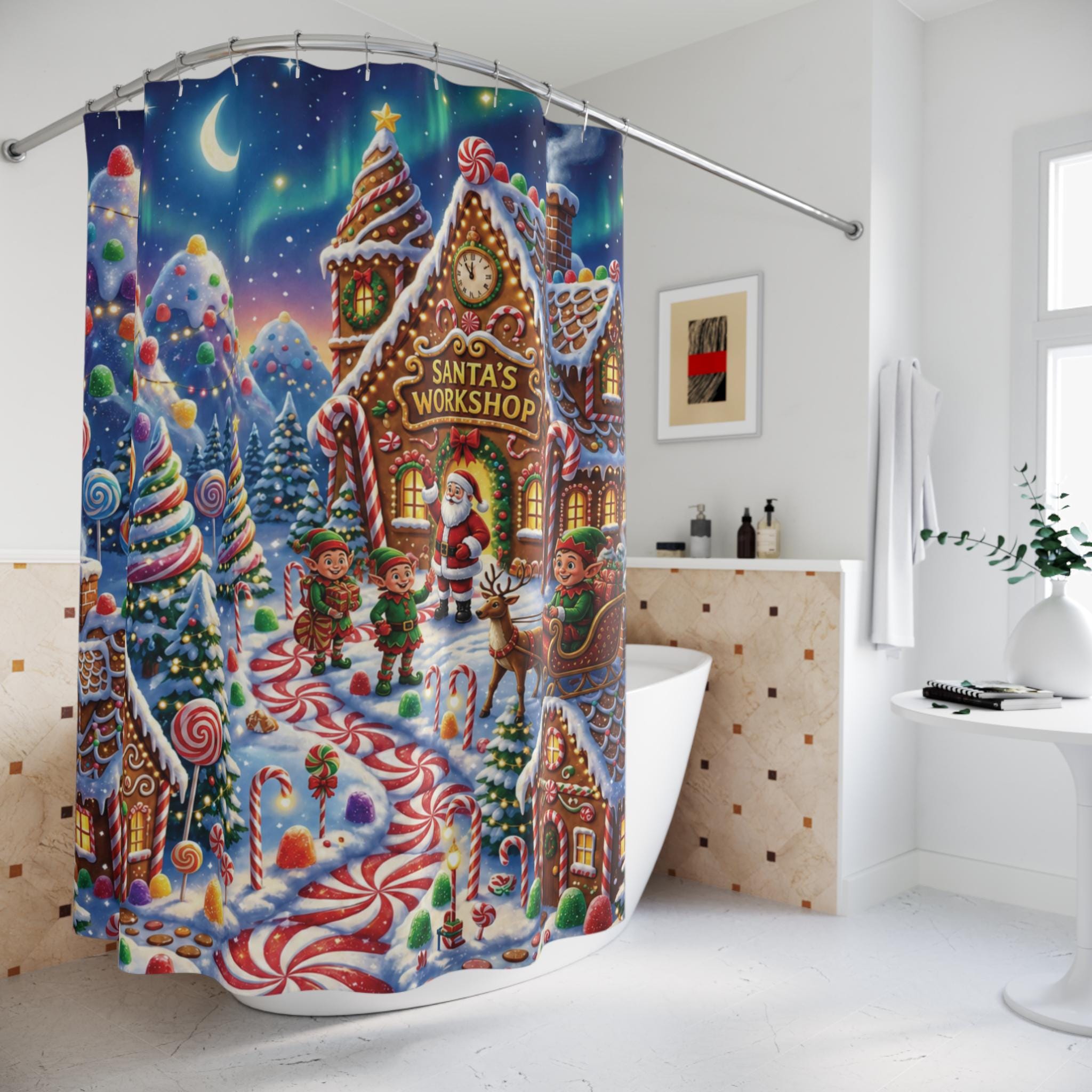 Christmas Candy Land Shower Curtain, Santa's Workshop Gingerbread Village, Festive Holiday Bathroom Decor, Colorful Whimsical Xmas Gift