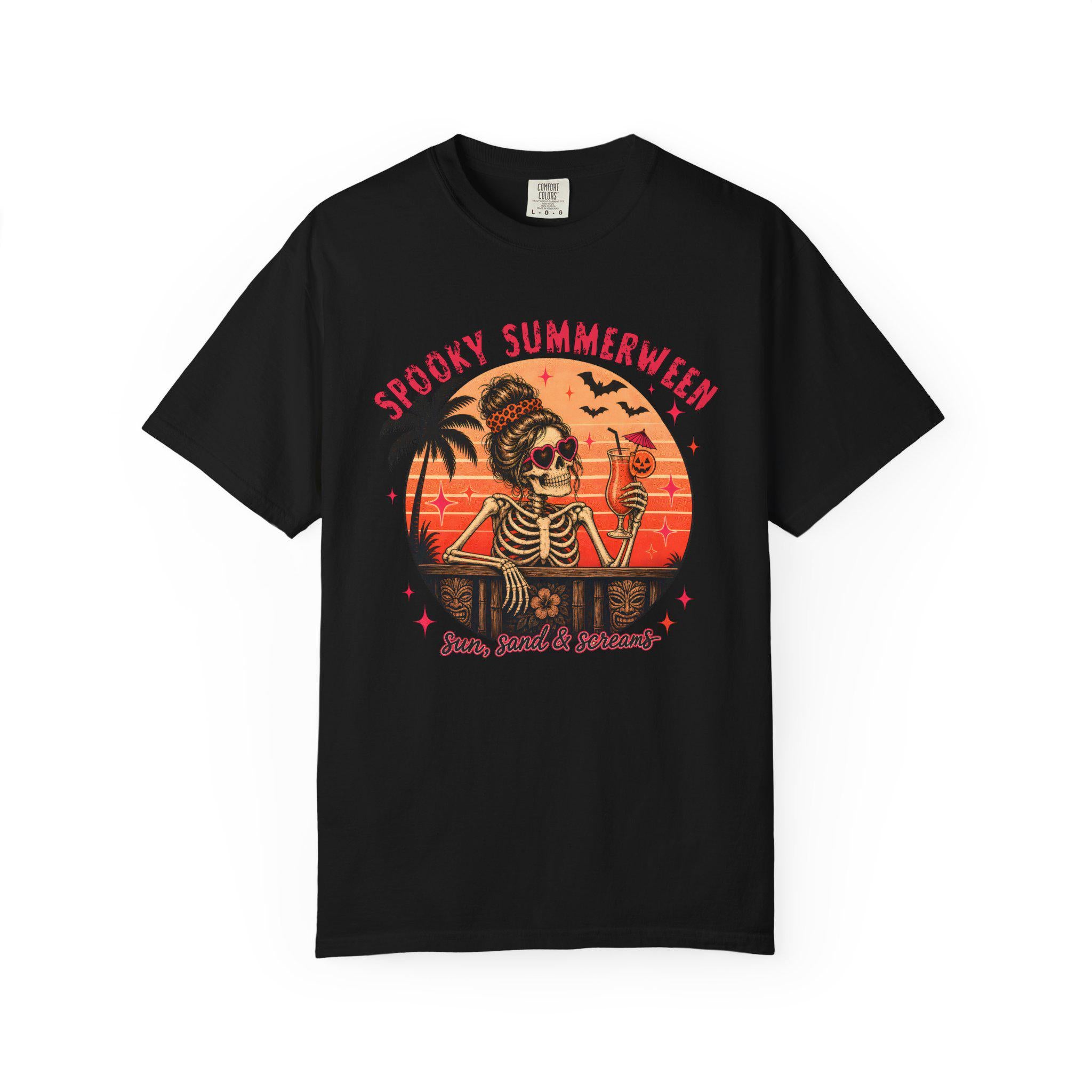 Spooky Summerween T-Shirt, Sun Sand and Screams Skeleton Beach Shirt, Halloween in July Tee, Funny Skeleton Cocktail Shirt