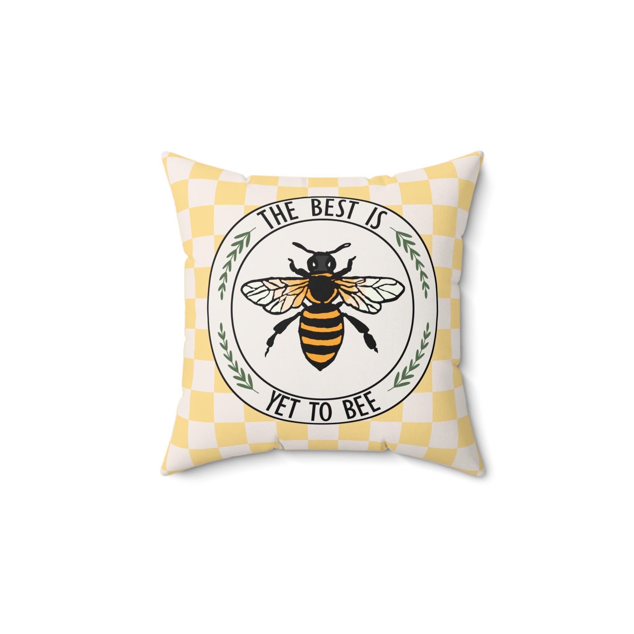 Bee Checkerboard Square Pillow, Cottage-Core Bumblebee Illustration