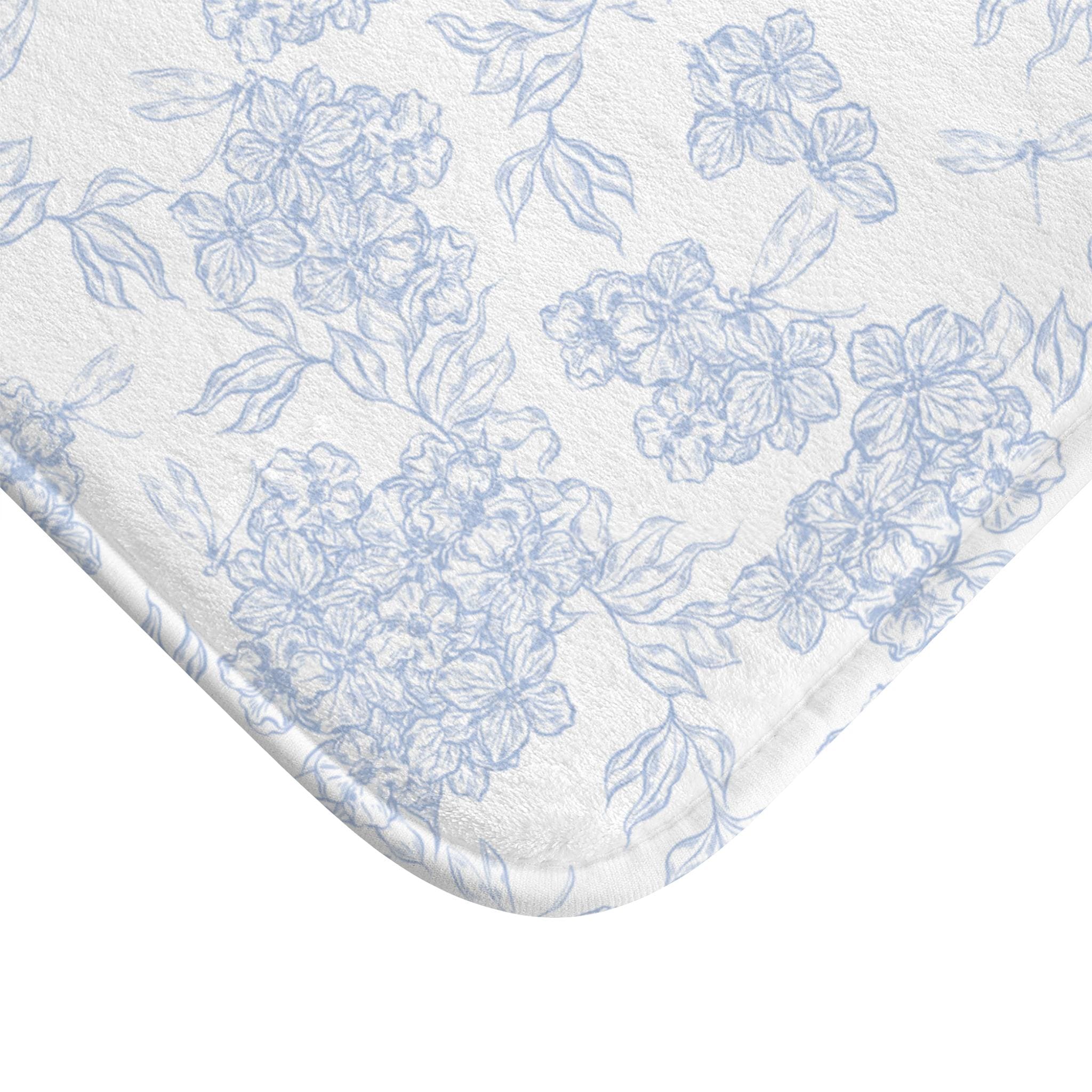Blue Floral Toile Bath Mat, Vintage Pattern Bathroom Rug | Floral Toile, Cottage Core Bathmat, Guest Bathroom Deco, Housewarming Gift Idea