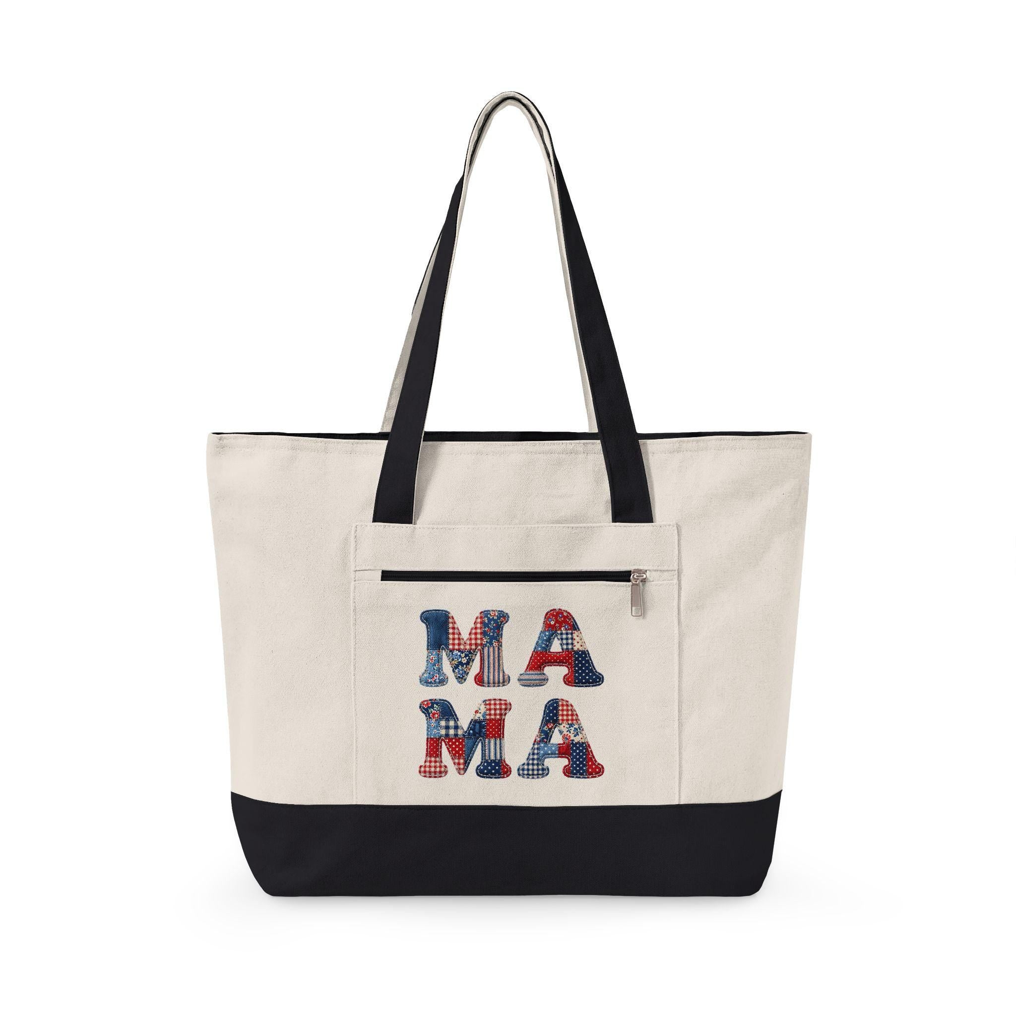 Mama Floral Patchwork Canvas Tote Bag | Zippered Everyday Carryall