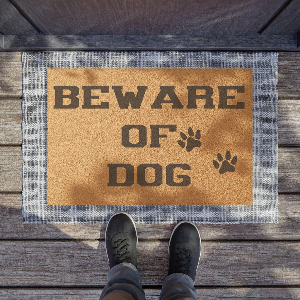 Beware of Dog Coir Doormat | Paw Print Welcome Mat