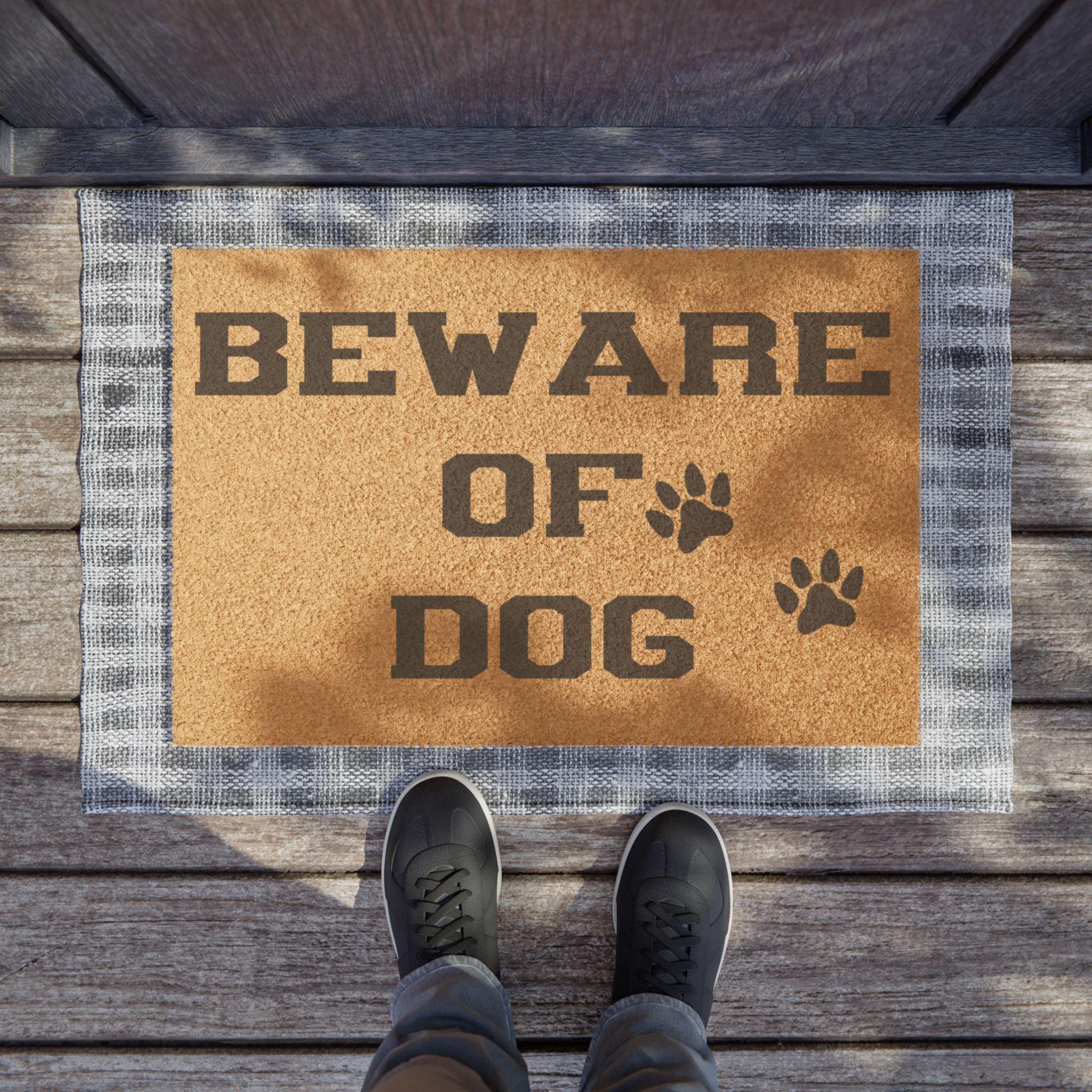 Beware of Dog Coir Doormat | Paw Print Welcome Mat
