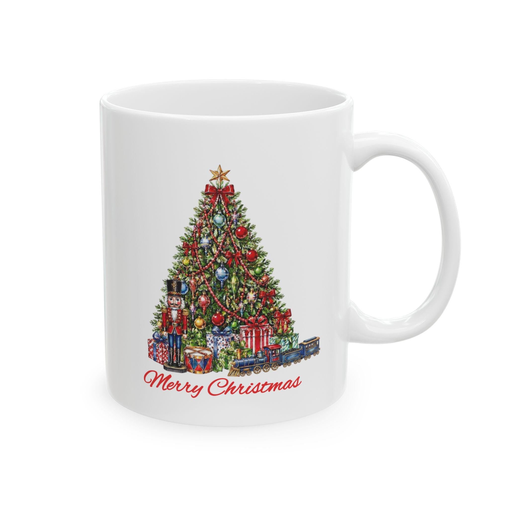 Merry Christmas Tree Mug, Nutcracker Train Gifts Coffee Cup, Vintage Holiday Mug, Christmas Morning Mug Gift, Xmas Tree Hot Cocoa Mug