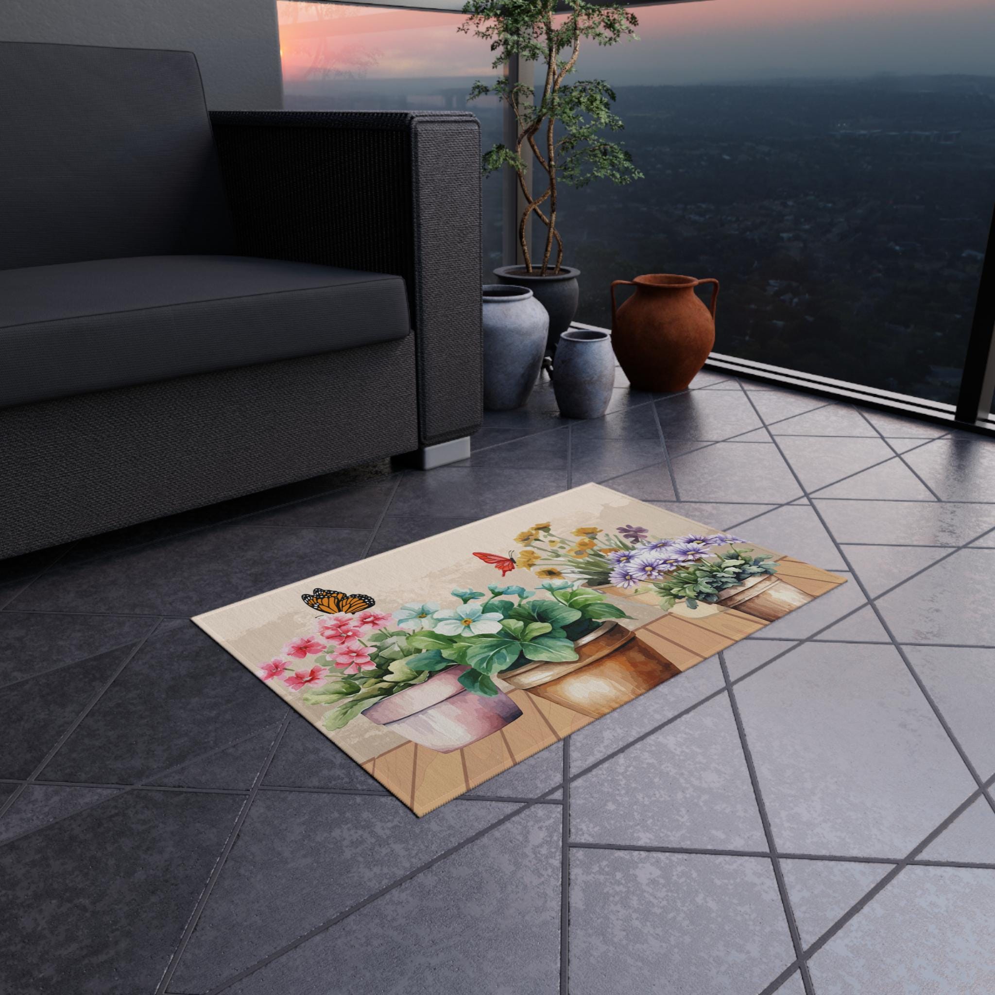 Potted Flowers Butterflies Outdoor Rug | Floral Patio Mat, Cottage Charm Home