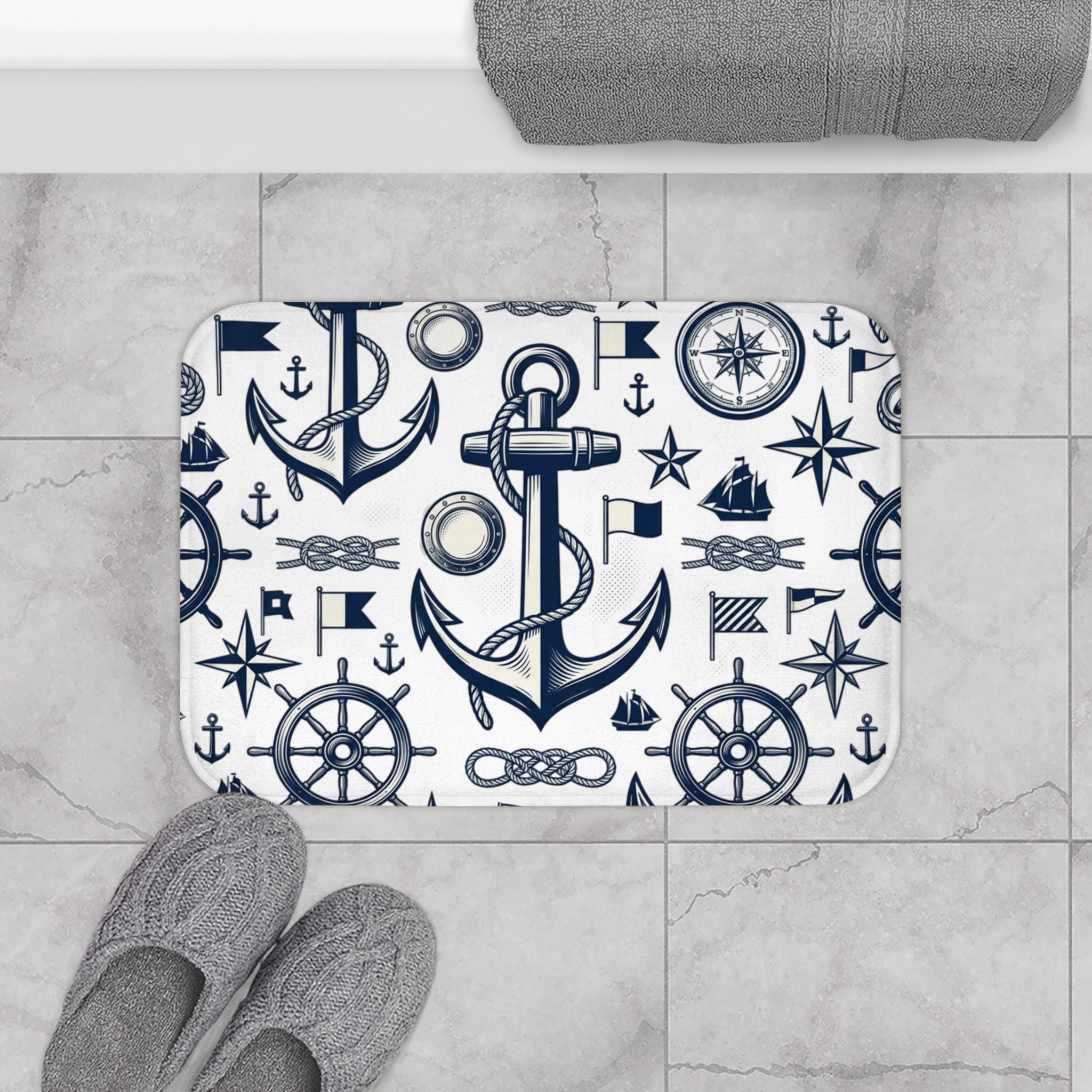 Nautical Anchor Pattern Bath Mat | Marine Wheel Compass Rope Design, Boating Bathroom Shower Curtain, Anchors Floor Rug Bathroom Floor Rug