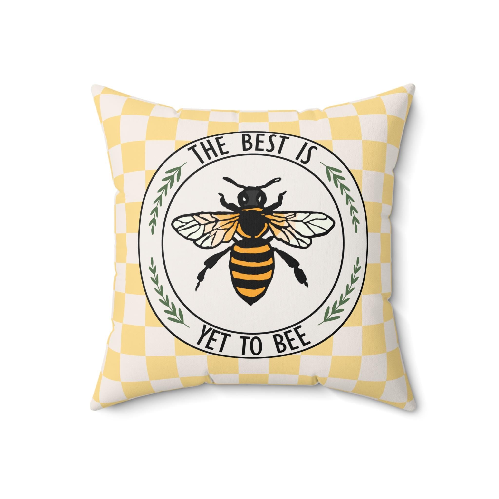 Bee Checkerboard Square Pillow, Cottage-Core Bumblebee Illustration