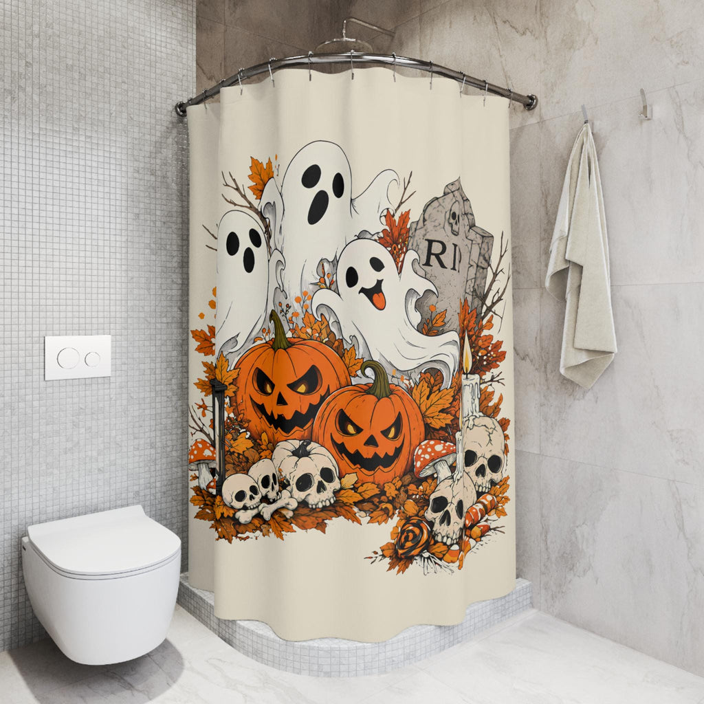 Cute Ghosts with Pumpkins Shower Curtain | Halloween Graveyard Bathroom Décor