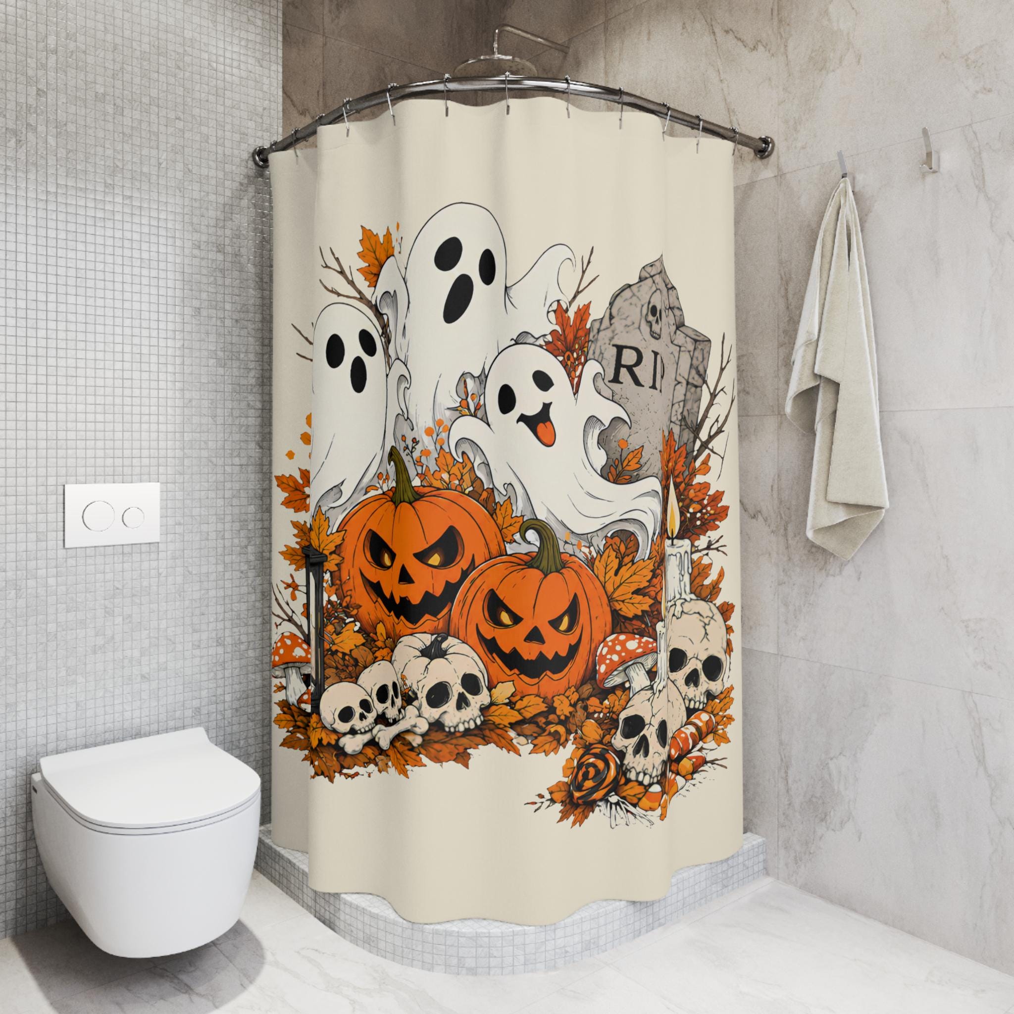Cute Ghosts with Pumpkins Shower Curtain | Halloween Graveyard Bathroom Décor
