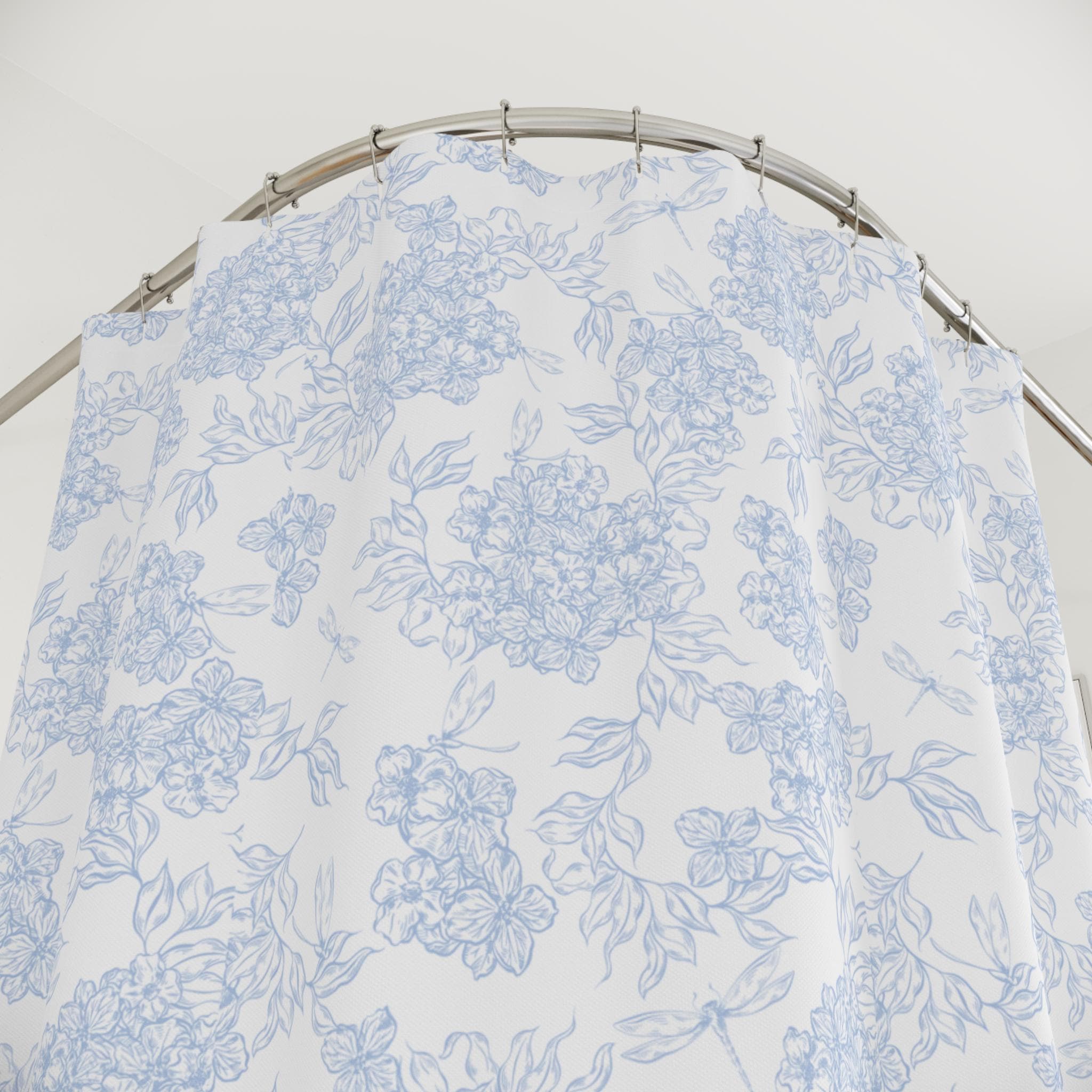 Blue Floral Toile Shower Curtain | Cottage Bathroom Decor, New Home Bathroom Gift, Light Blue Floral Cottage Core Shower Curtain
