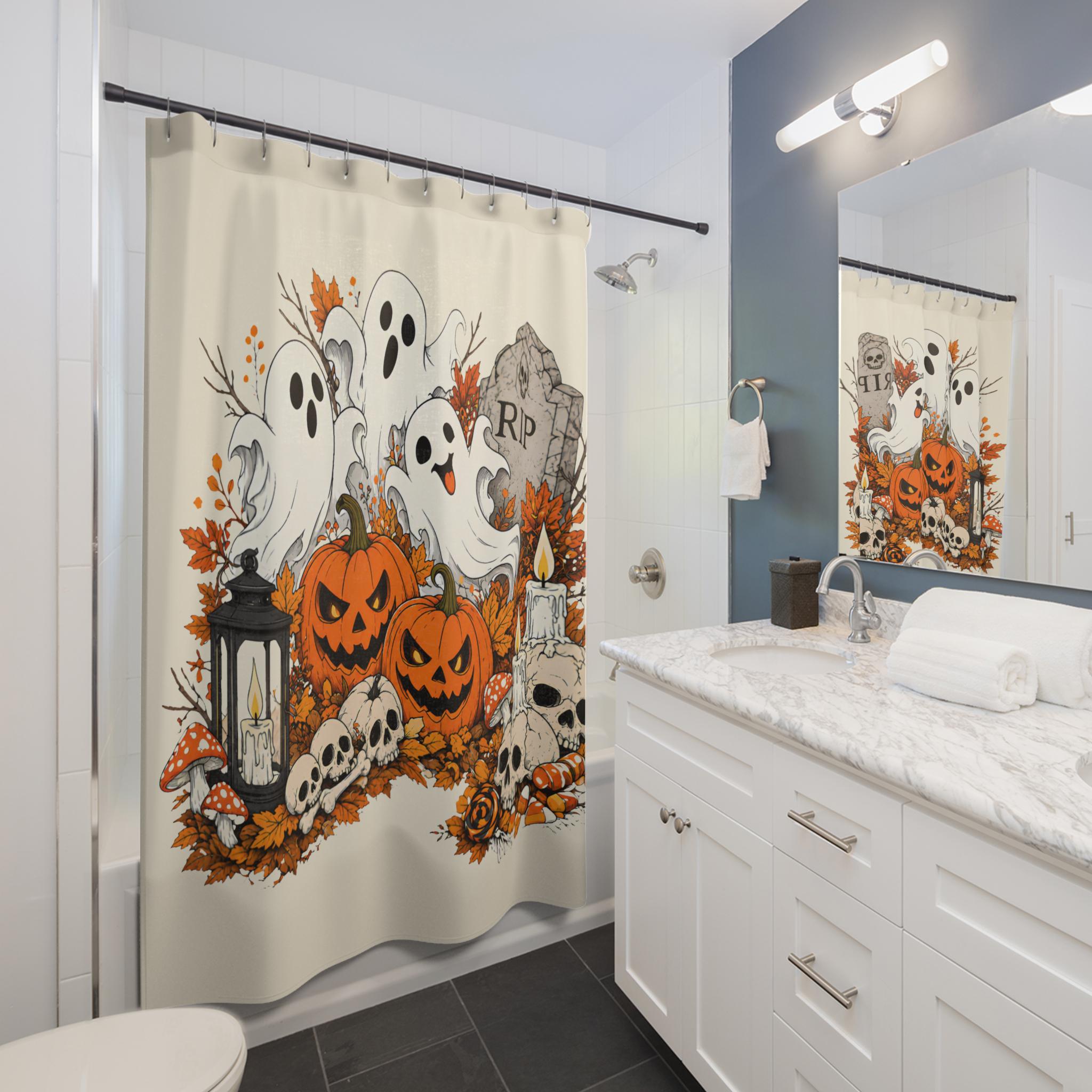 Cute Ghosts with Pumpkins Shower Curtain | Halloween Graveyard Bathroom Décor