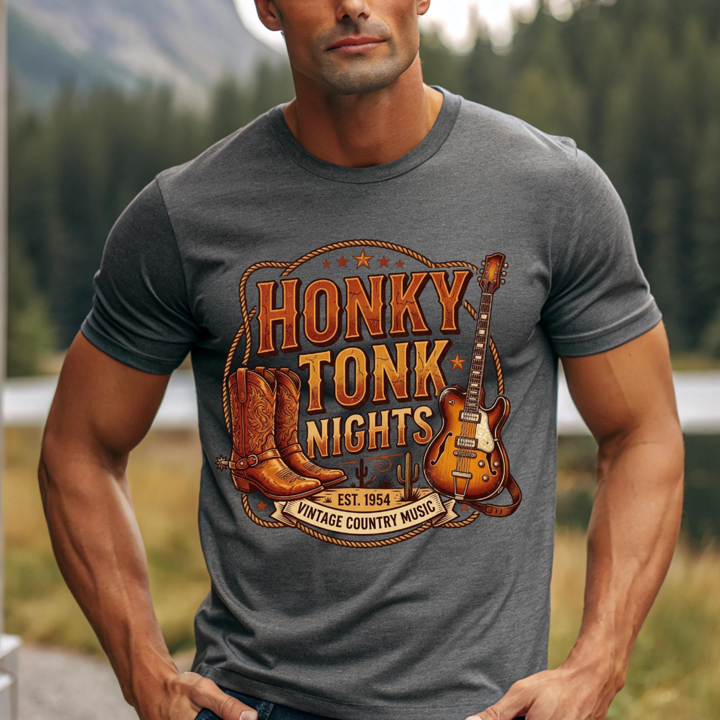 Honky Tonk Nights T-Shirt | Vintage Cowboy Boots Guitar Country Music Tee